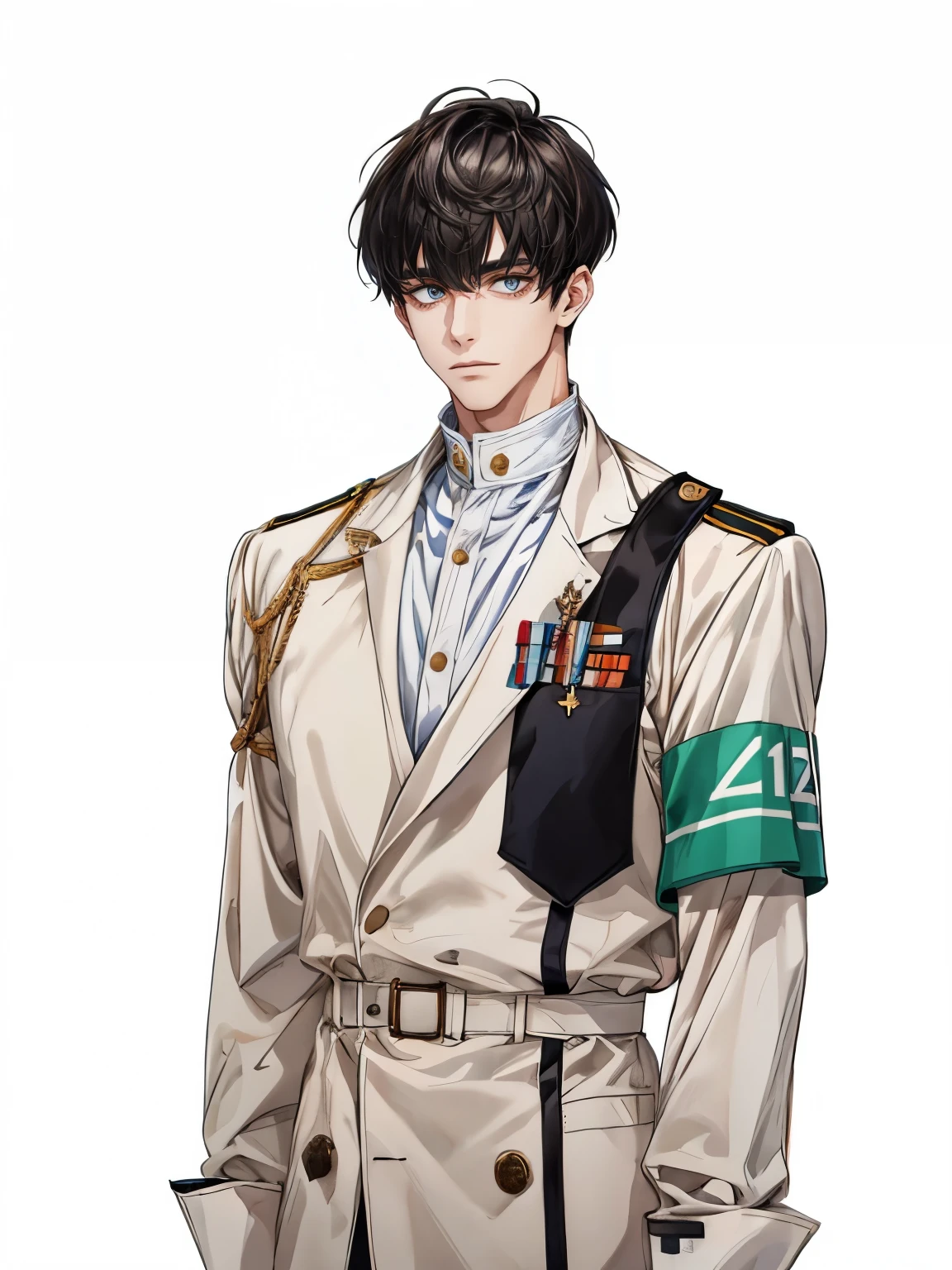 bowl cut,male people,Uniform jacket,Inside is a white stand-up collar t-shirt,He has the big eyes of God