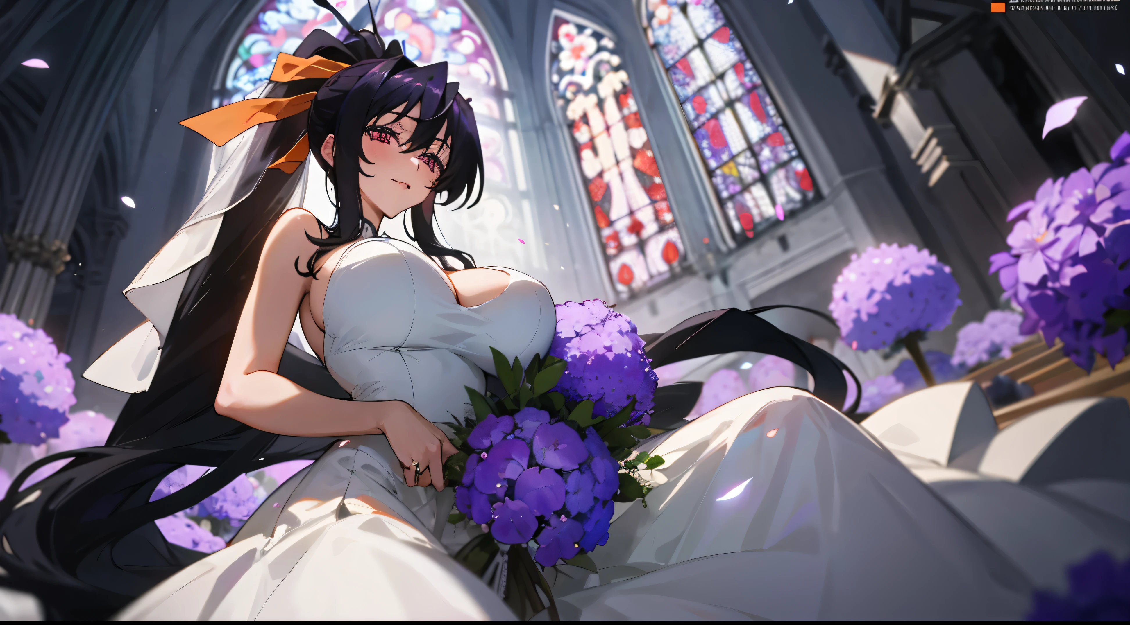 (1girl), himejima_akeno, black hair, ponytail, ((very long hair)), ribbon,), huge tits, purple Flowers, in a wedding dress, church, bridal veil,