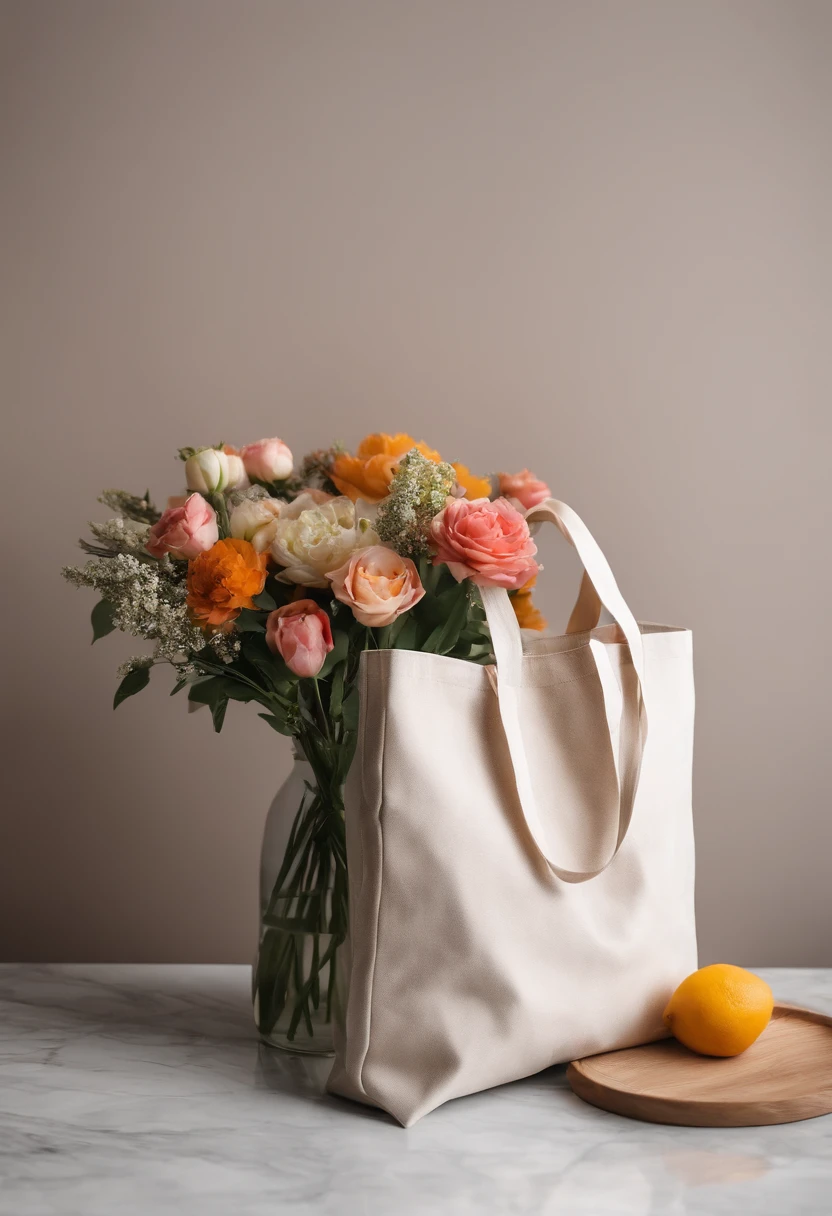 An aesthetic photo of a blank tote bag mockup placed on a marble countertop with fresh flowers and stylish accessories, showcasing its versatility as a fashion statement.