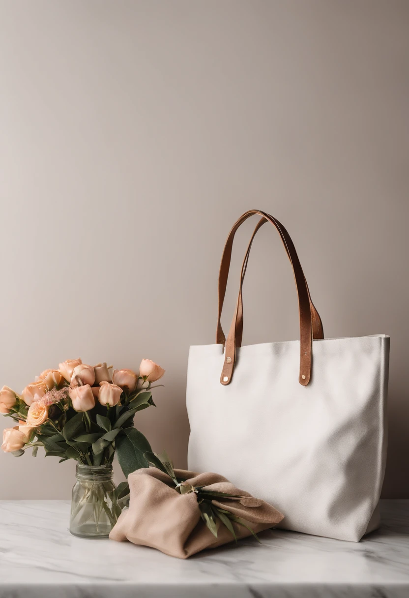 An aesthetic photo of a blank tote bag mockup placed on a marble countertop with fresh flowers and stylish accessories, showcasing its versatility as a fashion statement.