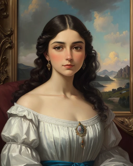 In an oil painting, a beautiful woman [Sophia Loren:Maude Adams:0.3] is portrayed in a stunning backdrop, capturing the essence of her allure and the beauty of the surroundings. The artist's skillful brushwork and use of rich, vibrant colors bring depth and dimension to the artwork, reminiscent of the works of John Singer Sargent. The woman's features are delicately rendered, highlighting her grace and elegance. The composition draws attention to her presence, while the scenic backdrop adds an element of serenity and visual interest. The oil painting stands as a timeless depiction of feminine beauty set against a captivating environment.