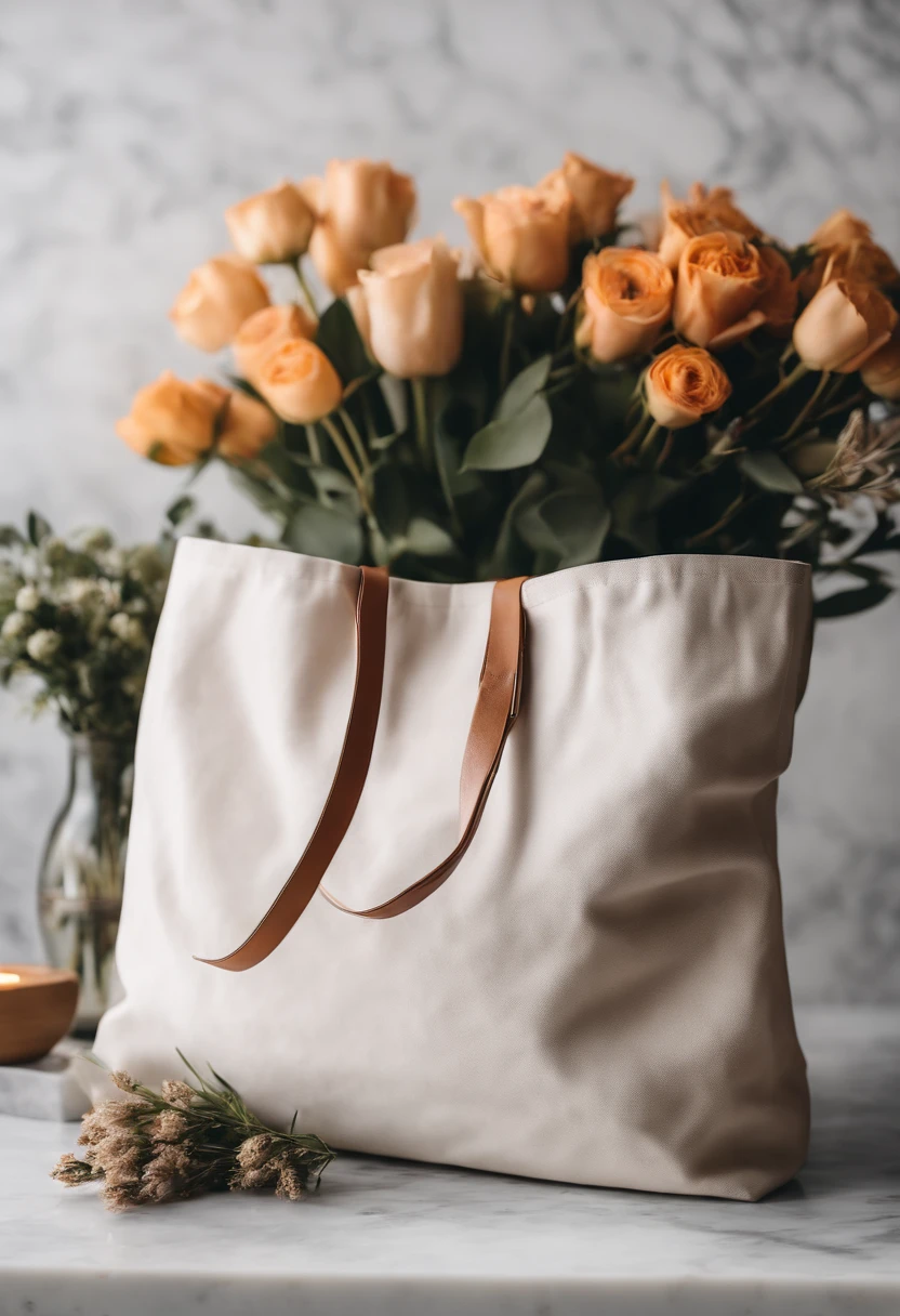 An aesthetic photo of a blank tote bag mockup placed on a marble countertop with fresh flowers and stylish accessories, showcasing its versatility as a fashion statement.