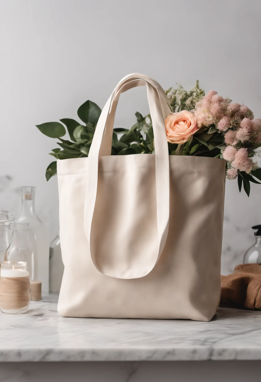 An aesthetic photo of a blank tote bag mockup placed on a marble countertop with fresh flowers and stylish accessories, showcasing its versatility as a fashion statement.