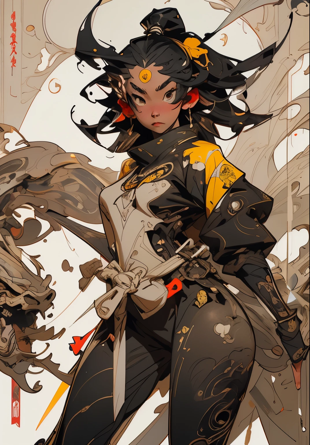 anime - style woman in a black and yellow outfit with a knife, wlop and krenz cushart, wlop rossdraws, rossdraws 1. 0, krenz cushart and wenjun lin, rossdraws digital painting, artwork in the style of guweiz, art of wlop and greg rutkowski, wlop and rossdraws