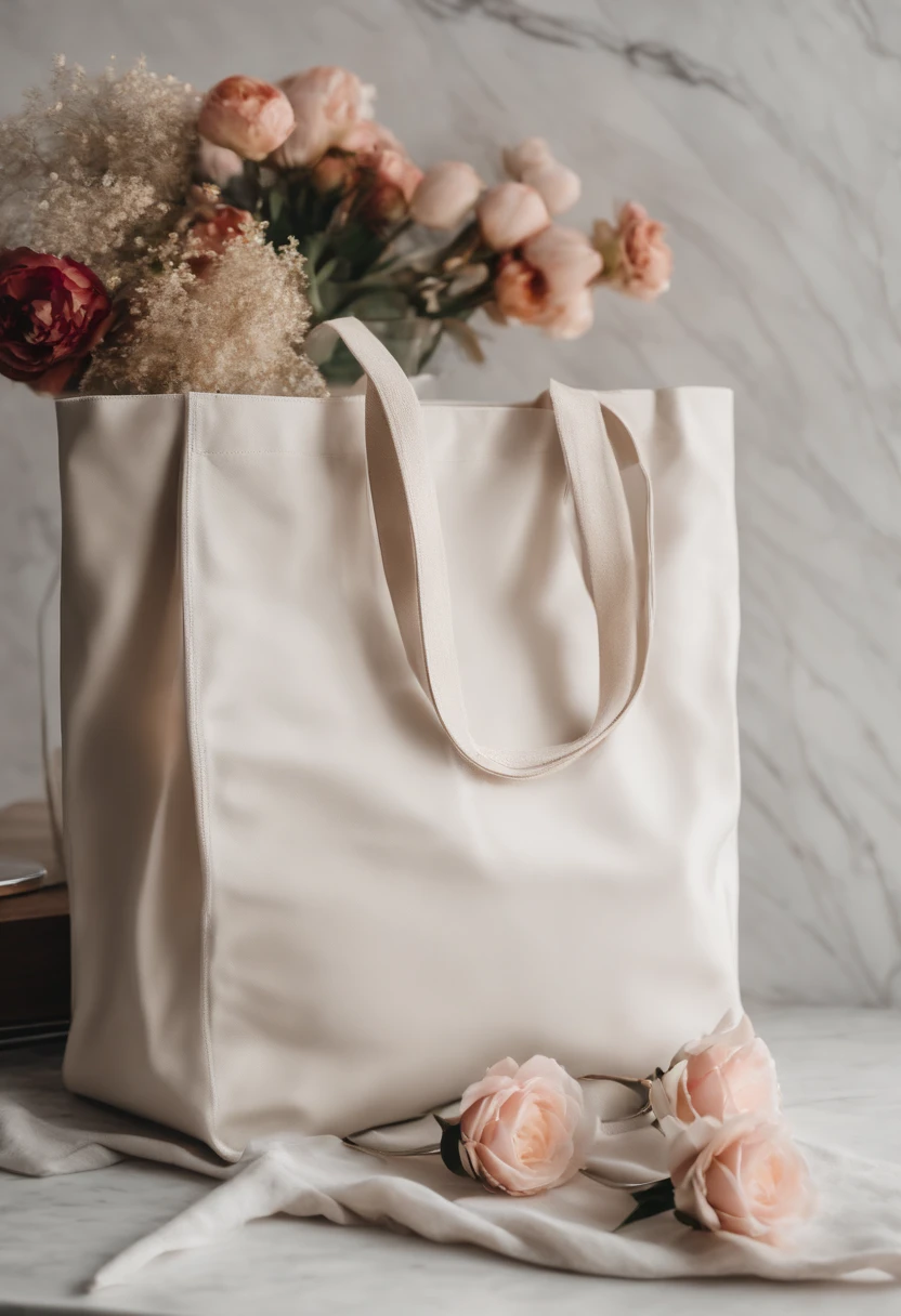 An aesthetic photo of a blank tote bag mockup placed on a marble countertop with fresh flowers and stylish accessories, showcasing its versatility as a fashion statement.