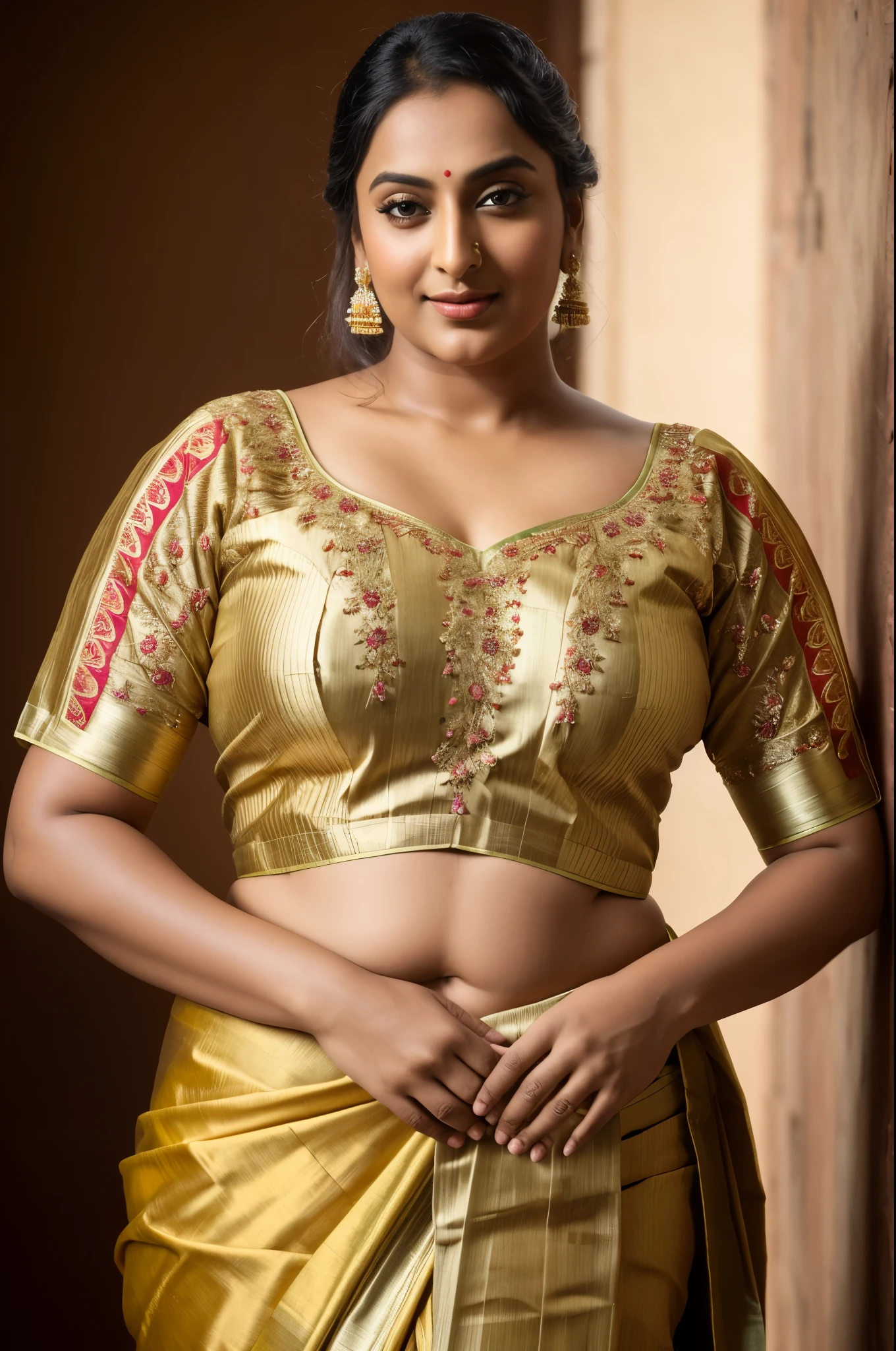 Foto RAW, photorealistic, photography, full body shot, master shot, perfect eyes, goddess like beauty, pierced eyes, perfect thick chubby mallu Desi aunty bhabhi, Wearing a Stanapatta, a chest-band.Saree model, model Photography, Indian saree shoot, Indian traditional wear advertising photography, traditional wear brand shoot, face of Indian actress Sonakshi Sinha, masterpiece, realistic, realism, incredible details, pleasure, photorealism, detailed skin, skin pores, high contrast, photorealistic Artstation 8k HD digital art trend of high definition and detailed realistic skin texture, ultra detail, realistic skin texture, armature, best quality, ultra high definition, (photorealistic:1.4),, high resolution, detail, raw photo, Re sharp, by Lee Jefferies Nikon D850 Film Stock Photo 4 Kodak Portra 400 Camera F1.6 Lens Rich Color Ultra Real Realistic Realistic Textures Dramatic Lighting Unreal Engine Trending at Art Station Cinestill 800,(pele altamente detalhada: 1.2), 8k UHD, DSLR, soft-lighting, alta qualidade, grain of film, Fujifilm XT3,she didn't like to wear blouse or bra, she happy to wear only saree, she hates blouse or bra, detailed hairy armpits,