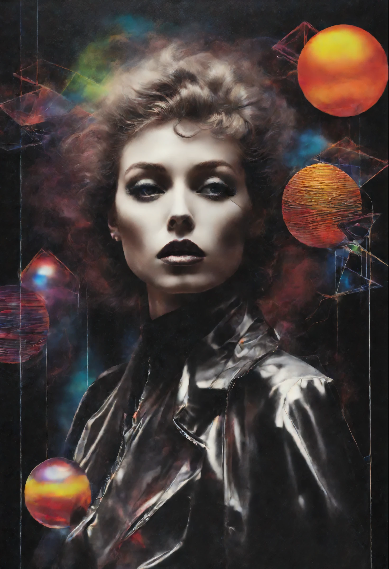 Woman, 1980's art portrait, Dust overlay, shapes, 3d shapes, orbs, Diagonal abstract lines, sliced, light prism's, octagonal cylinder, chrome cylinders, Synthwave, dystopian, abstract, Dark sci-fi, horror, printed on A Old worn-out poster, printed on black parchment paper, torn poster, Double-masking photography technique by: Jerry Uelsmann, combination printing, a worn out poster of a elegant beautiful punk sci-fi woman, 3d floating RGB soap bubbles, light trails, LSD Trip, pearlescent Ferrofluid, parasite, fractals, 1980s hair, 1980s, refractions, sacred geometry, black background, Fibre-optic wires, retro poster, scratched poster, energy orbs, splashing pearlescent Ferrofluid soap, product photography, 3d geometric abstract shapes, Synthwave dark highway, by Jerry Uelsmann, dark Synthwave Aesthetic, zero gravity, black background, Chromatic aberration, vivid colors, negative space, photoillustration, gloss, reflections, studio lighting, scratched poster, abstract Surrealism.