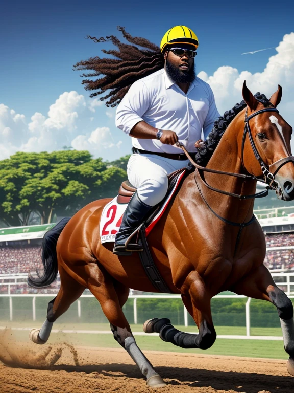 Fat man, dressed as a jockey, hold a whip, thick beard and jockey goggles, horse jockey, multiple realistic horses running on track in the background, 2 small jamaica flags in air, horse racing track, likeness of rick ross, ((Hyper detailed )), jockey attire, (( African long curly hair,)), Sharp Focus CGI, photoreallistic, High detail, Realstic, Masterpiece, absurdes, Best quality, Hdr, High quality, high-definition, Extremely detailed, 8k wallpaper, Intricate details, 8K UHD, Full-HD, (photo realist:1.2), contraste, intense illumination, lighting cinematic, natural lighting, hard light, contre-jour, Illumination globale, occlusion ambiante