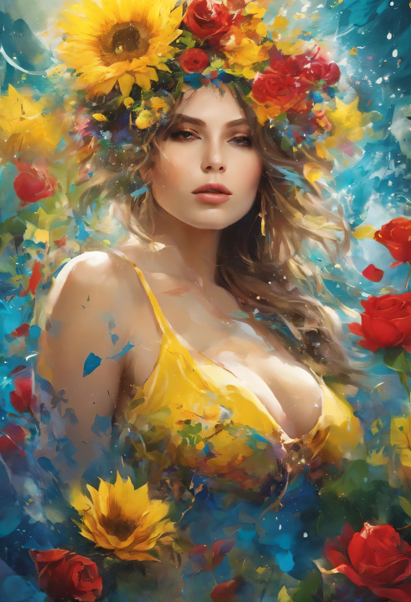 ((top-quality, 8K)), (Realistic), (Face Focus: 1.1), (Yellow,red, blue,green: 1.3), ukrainian woman in a dress that is in the water, closeup fantasy with water magic, fine art fashion photography, monia merlo, inspired by irakli nadar, inspired by Franz Xaver Winterhalter, with blooming flowers around her, inspired by Tatiana Hordiienko, jean-sebastien rossbach, karol bak uhd, vynok. ukrainan flower headband, sunflowers, vyshyvanka dress, pom-poms, roses, dreamy, (seductive), (erotic), (huge breasts:1.5),big chest,well-rounded figure, no bra, (open chest) , topless, , (open chest), bare, revealing