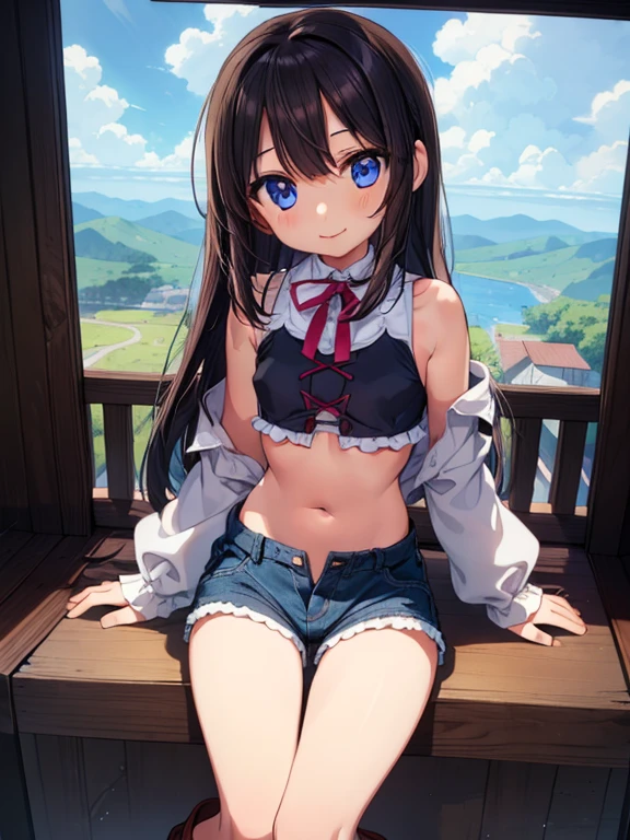 Beautiful illustration, Best Quality, ( female child)、cute girl,Lori、 perb view), Sitting, fantasylandscape, tight crop top, small breasts, tight shorts with wide hem、Thighs visible through the gap in shorts、Crotch gap、Thigh gap、V Line、Brown Lace-Up Short Boots, Beautiful blue eyes, frombelow, Cinematic lighting, Cowboy Shot, Euphoric smile,(length hair)、Large ribbon on the back of the head