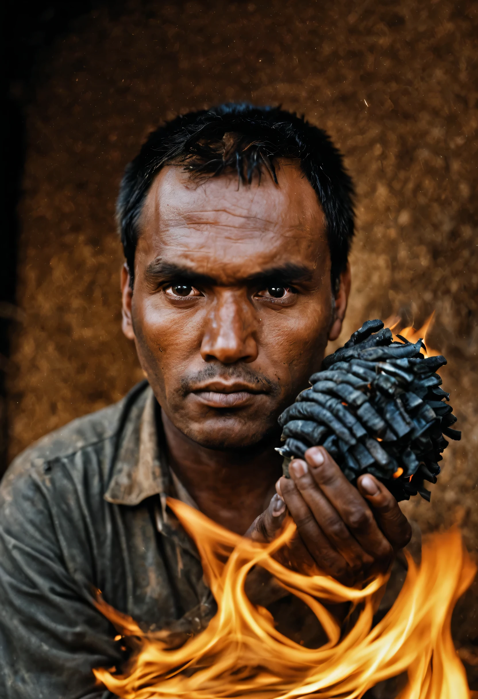 A person is burning a charcoal fire, Flame blurred foreground, Take it out from the bottom, sportrait, 1990's, Photo by Steve McCurry, Leica camera, (face focus background, Emotional face, Clear face,