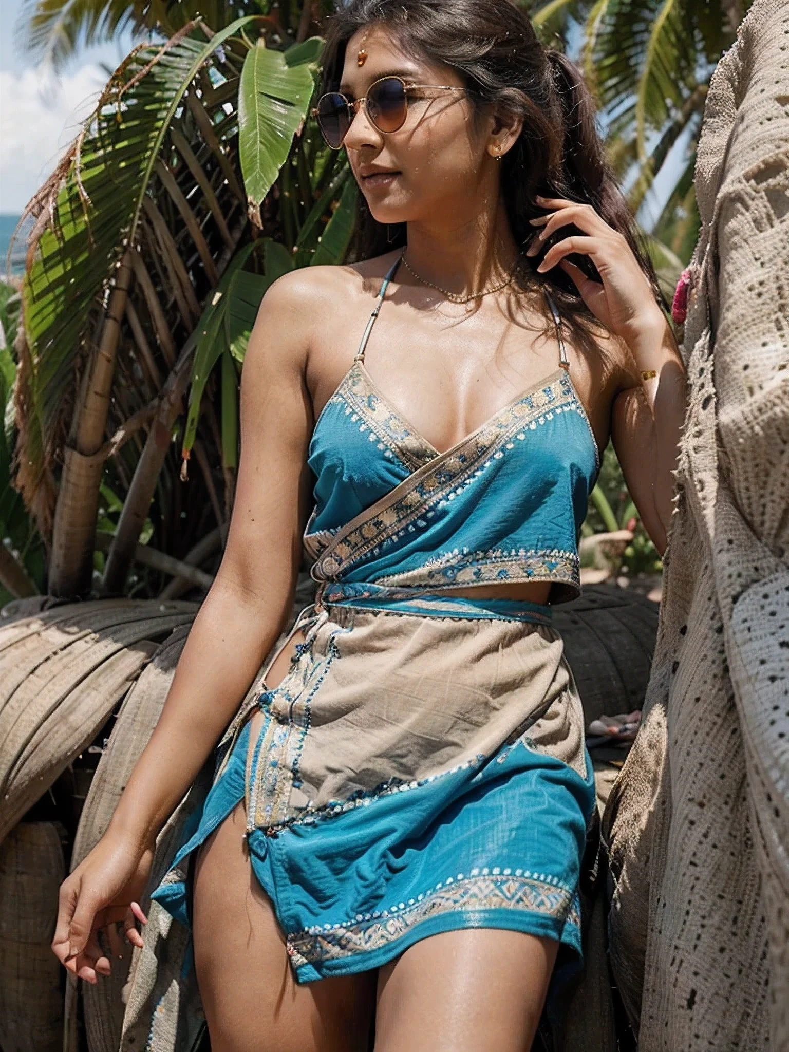 Craft a hyper realistic and vivid description of an exceptionally attractive Gen Z Indian girl who skillfully fuses traditional elements with contemporary style, side camera angle in beautiful dress in beach, with others and with sun glasses and desiner clothes