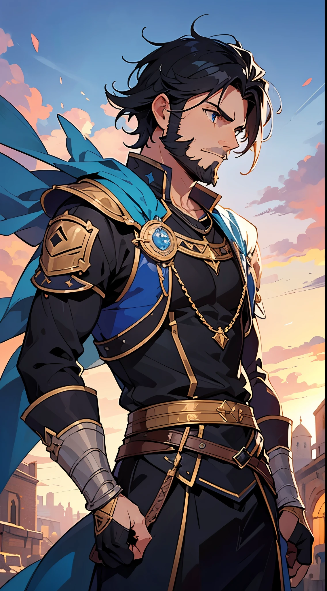 [masterpiece, ultra-detailed, best quality] 1man, black hair, blue eyes, adventurer clothes, built body, beard, stoic, village in background, dynamic angle.