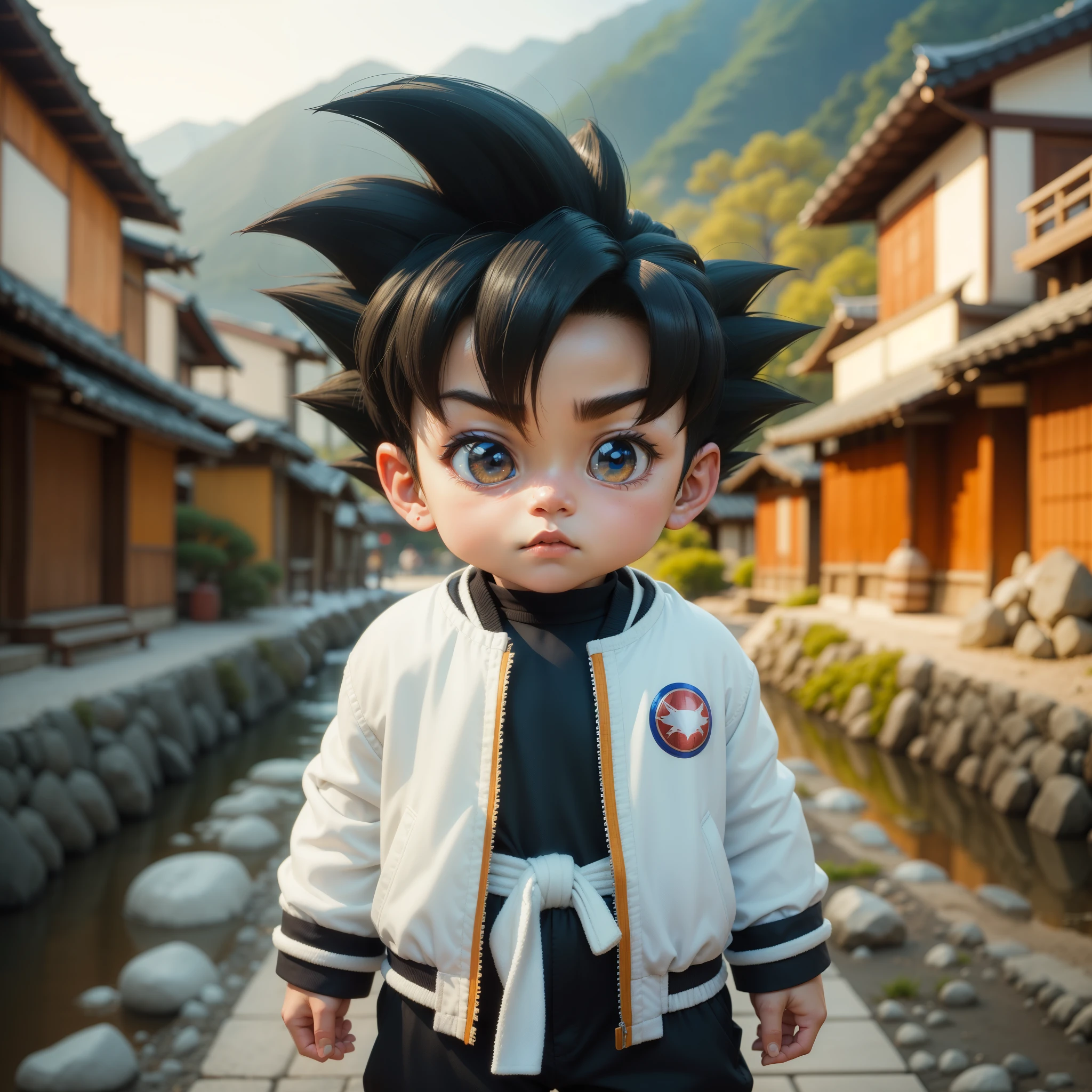 A real life adaptation of this character, his name is Vegeta from the anime Dargon ball, little Goku, wearing a white jacket, black pants (cute) with a Japanese village in the background. Realistic, realistic clothing with white jacket, background (photorealistic: 1.2),