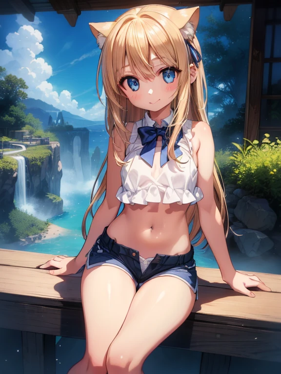 Huge waterfall, schoolgirl bathing in the background, cinematic lighting, bikini, garter belt, arm warmers, usa ears, thick eyebrows, small, pigtails, beautiful blonde, braid, (masterpiece), ((best quality)), (super detailed), full body anime girl, clean and detailed face, beautiful eyes in high resolution, five fingers, textile shading, perfect human structure, perfect anatomy,