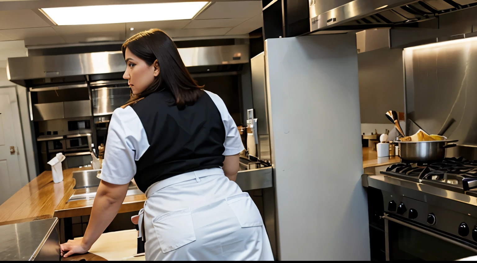 women 60 year old big body enormous breast Pose with buttocks full body in a chef's uniform In the kitchen of the restaurant in a chef's uniform back position