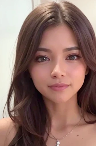 RAW 4k photo, realism: 1. 3, 1/2 body on camera, wavy brown hair, lip gloss, douyin makeup, attractive face, straight brown eyes, blush, high resolution, caustic, wide light, natural colors, young and cute 18 year old woman, beautiful face, necklace, style A good woman, girl, beautiful skin but not perfect, facial skin not smooth with imperfections that make it look real, normal slim body, biologically correct human, reference, detailed faces, detailed lips, detailed eyes, sparkling mischievous eyes, realistic pupils, brown pupils, sideways glance, beginning of a smile, depth of field, chromatic aberration, best quality, high quality, 4K