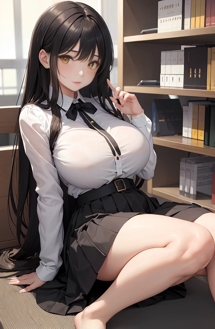 masterpiece, top-quality, 1girl in, A dark-haired, yellow eyes, length hair, Fluffy skirt、Raw feet、atlibrary、big breast beauty