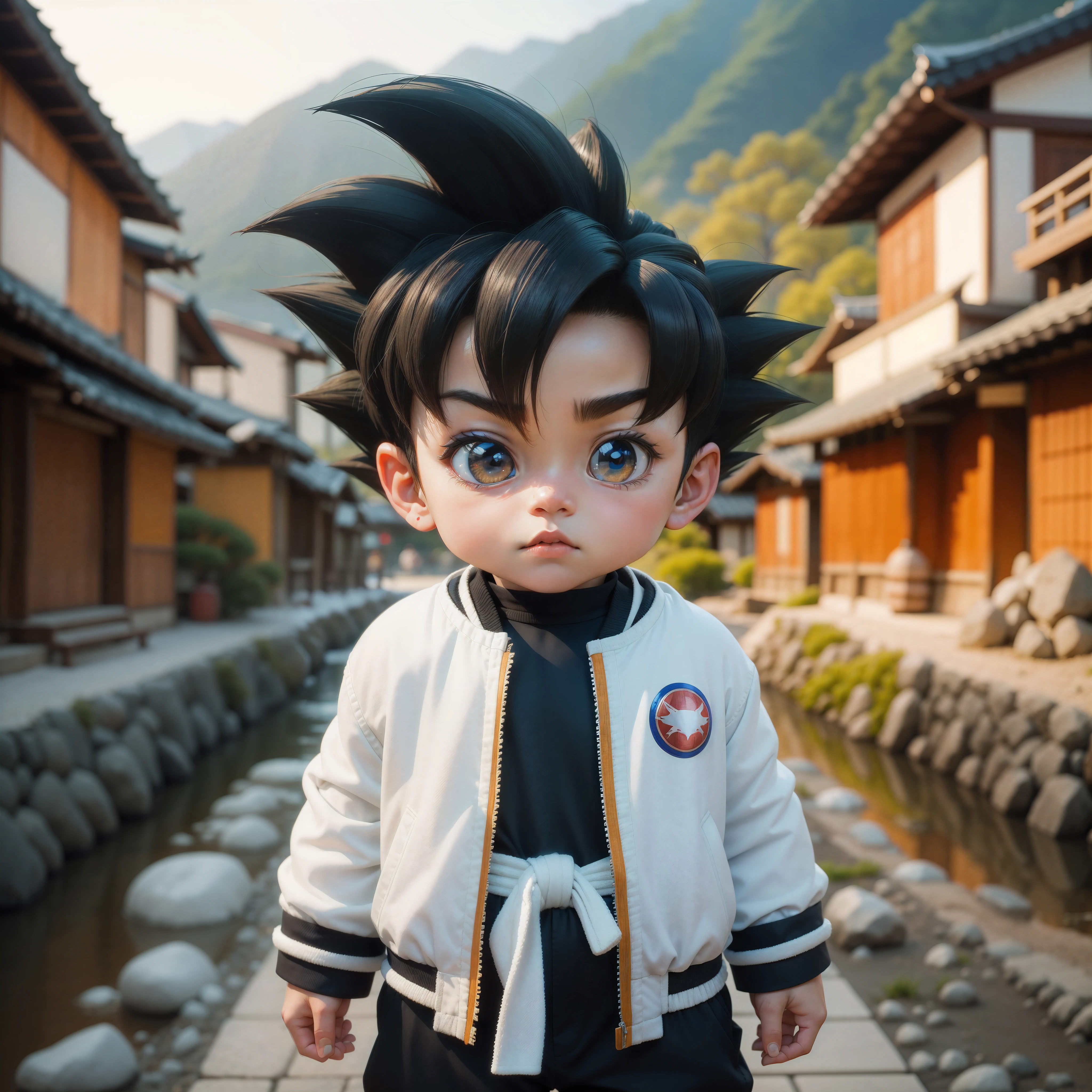 A real life adaptation of this character, his name is Vegeta from the anime Dargon ball, little Goku, wearing a white jacket, black pants (cute) with a Japanese village in the background. Realistic, realistic clothing with white jacket, background (photorealistic: 1.2),