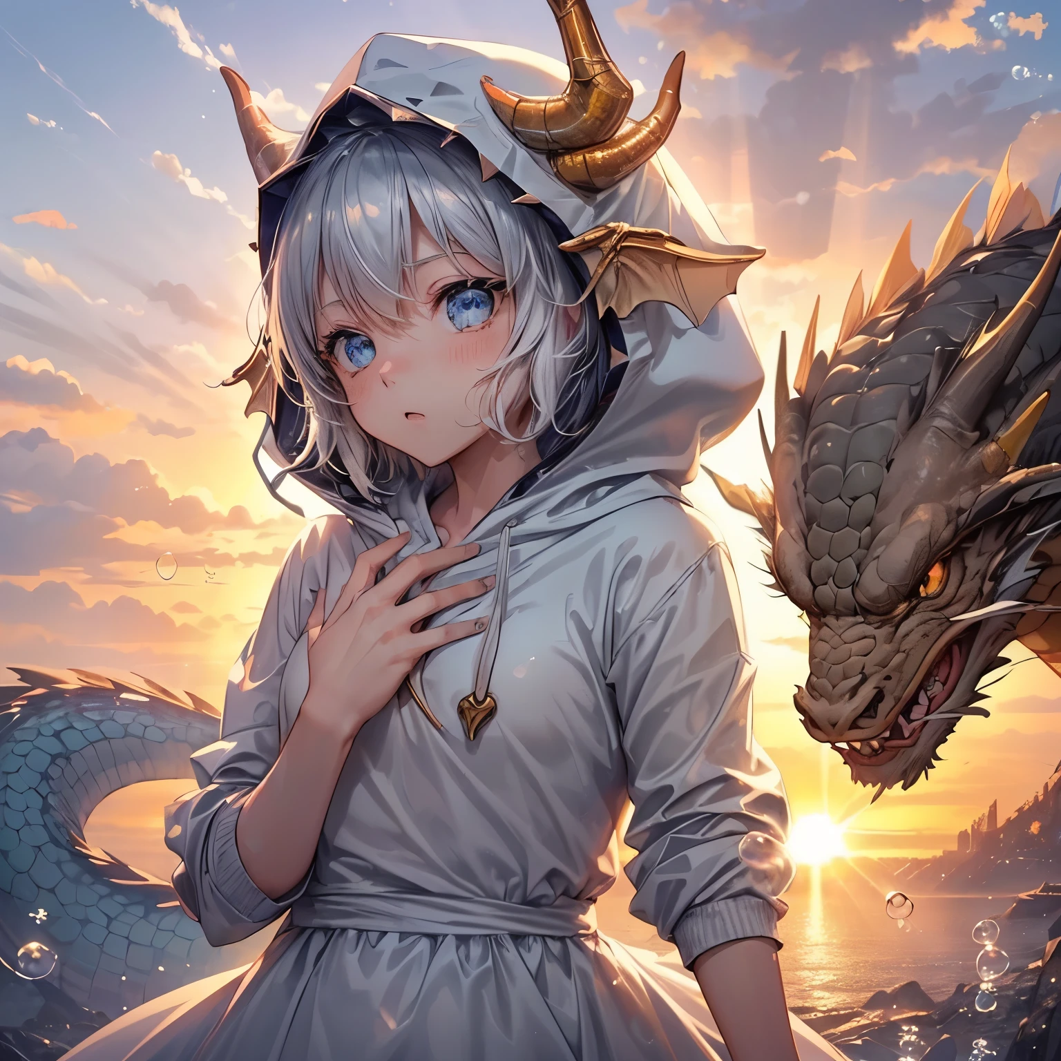 ((worst quality, low-quality)), (facefocus,:1.4), Facing left, (dragon spitting bubbles:1.5, dragon head:1.3), (Dragon background with lots of bubbles:1.4), ((girl with)), Solo, Gray-haired shorthair, Blue Hoodie, (Wearing a hood:1.3), (with detergent in hand), Spoken Heart, ((perfect hand:1.5), Head tilt, (The theme is the fragility of life.:1.0), Soap bubble effect, Bubble effect, (sunrise light, rays of the morning sun:1.4), masutepiece, Best Quality, ultra-detailliert,masterpiece,