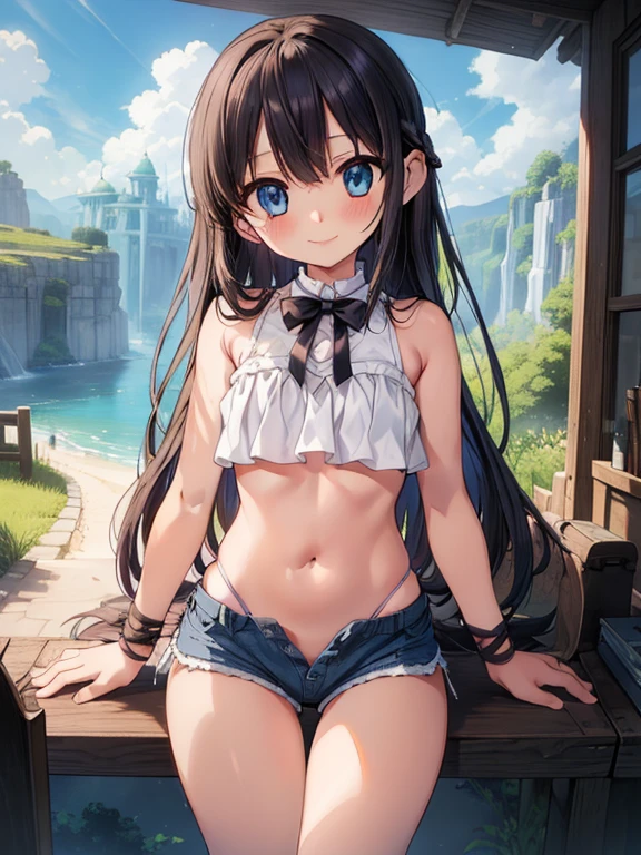 Beautiful illustration, Best Quality, ( female child)、cute petit girl,Lori、 (Superb view), Sitting, fantasy landscape, tight crop top, no sleves, small breasts, navel, tight culotack shorts loose fabric with wide hem、Thighs visible through the gap in shorts、Crotch gap、Thigh gap、V Line、Beautiful blue eyes, frombelow, Cinematic lighting, Cowboy Shot, Euphoric smile,(length hair)、Large ribbon on the back of the head