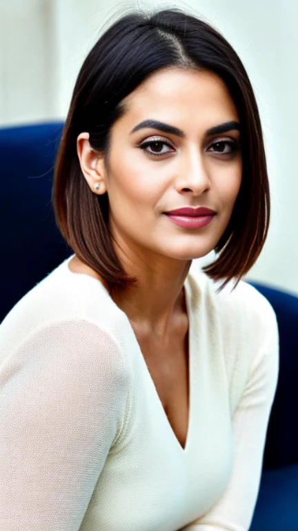 craft a hyper realistic seductive photo of north Indian most attractive woman in her age 40, 36D, [[pale Blue-cream Sweater Dress]] [[Razor cut hair cut]] , trending on art station, portrait, digital art, modern, sleek, highly detailed, formal, serious, determined, CEO, colorized, smooth, charming, pretty, soft smile, pink lipstick, soft lips, black eyes, soft smile, cinematic