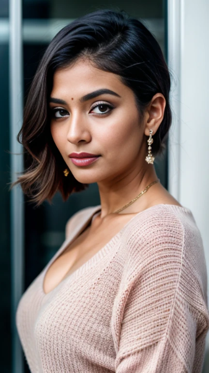 craft a hyper realistic seductive photo of north Indian most attractive woman in her age 40, 36D, [[pale Blue-cream Sweater Dress]] [[Razor cut hair cut]] , trending on art station, portrait, digital art, modern, sleek, highly detailed, formal, serious, determined, CEO, colorized, smooth, charming, pretty, soft smile, pink lipstick, soft lips, black eyes, soft smile, cinematic