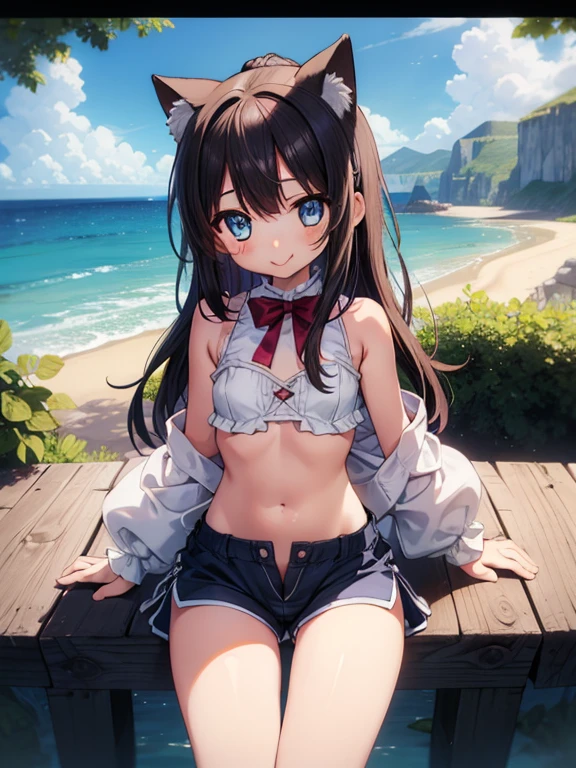 Beautiful illustration, Best Quality, (6  female child)、cutit girl,Lor(Superb view), Sitting, fantasy landscape, tight crop top, no sleves, small breasts, navel, culotack shorts loose fabric with wide hem、Thighs visible through the gap in shorts、Crotch gap、Thigh gap、V Line、Beautiful blue eyes, frombelow, Cinematic lighting, Cowboy Shot, Euphoric smile,(length hair)、Large ribbon on the back of the head