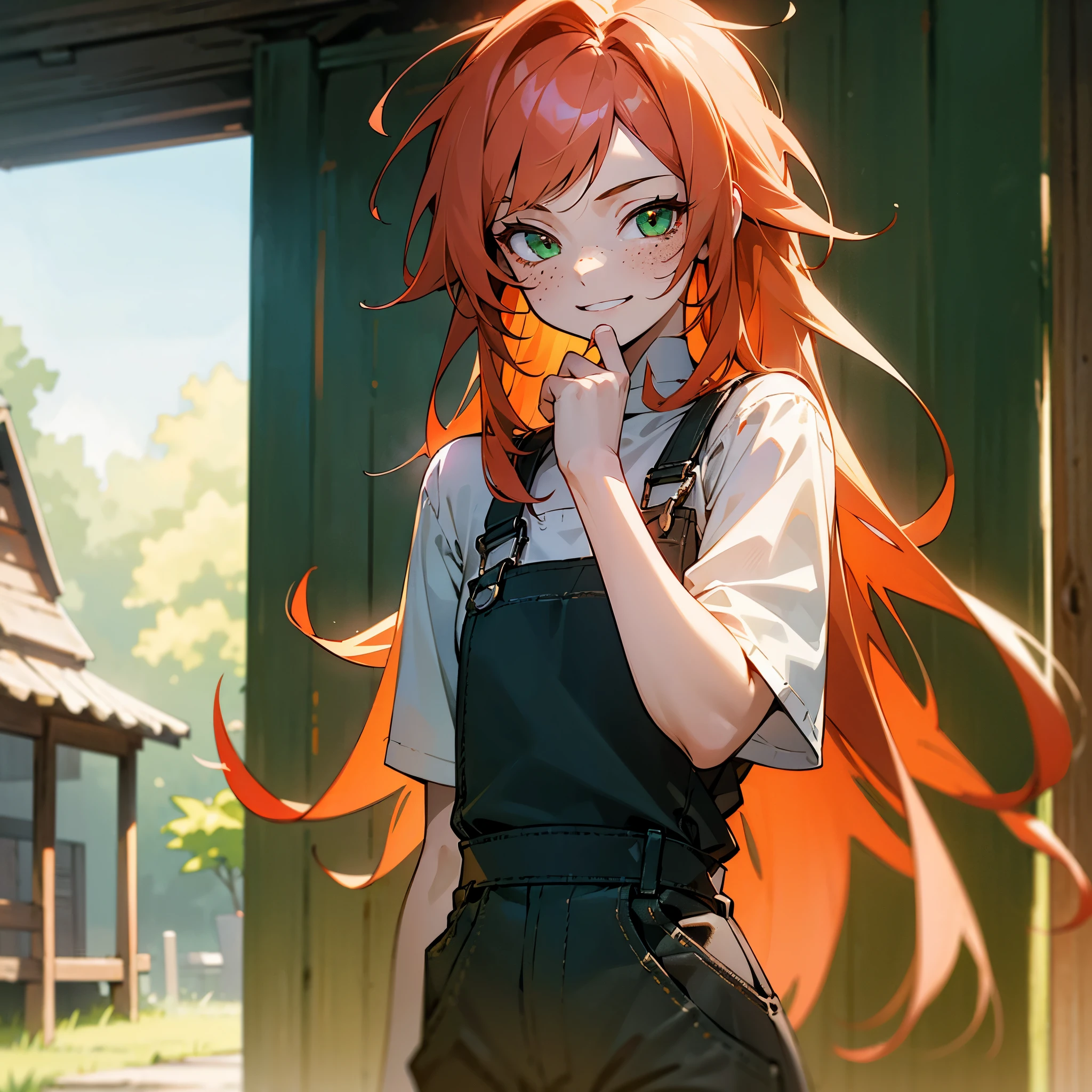 (Hyperdetailed, masterpiece, best quality:1. 1), 1 girl, small chest, light red hair, pointy hair, spike hair, messy hair, very long hair, green eyes, freckles, pale skin, red scratches on hands, Band-Aids on hands, Cheerful expression, cheeky smile, Squinting look, white shirt, short-sleeve shirt under strappy overalls, dark green strappy overalls, boots, countryside, village, wooden house in the background, sunny day, bright light, portrait, clean detailed anime art, detailed anime artwork