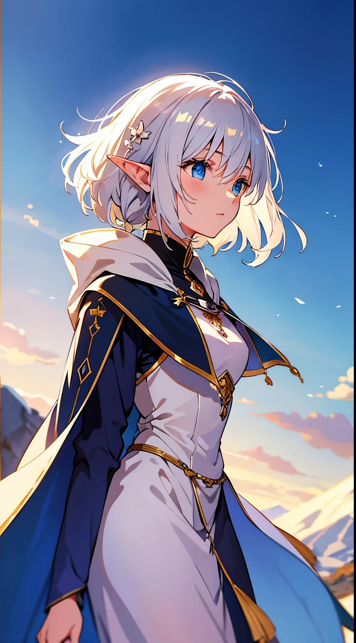 [[[ ultra-detailed, best quality, soft skin, beautiful, 4K]]] elf, white hair, medium hair, silky hair, wolf cut, hairpin ornament, blue eyes, adventurer clothes, adventurer cloak, stoic, reserved, dynamic, village inn