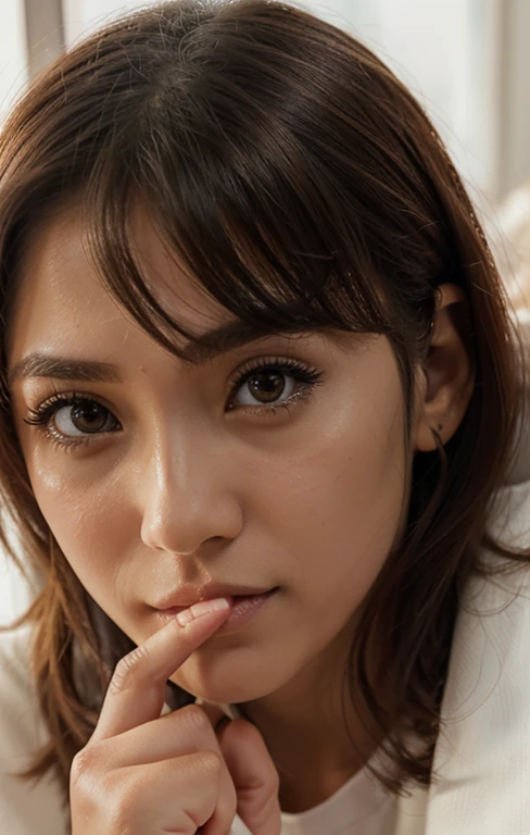 Estilo anime semi-realista, 1 menina, cabelos pretos, olhos castanhos, pele clara, olhando para o espectador, hand in front of the nose