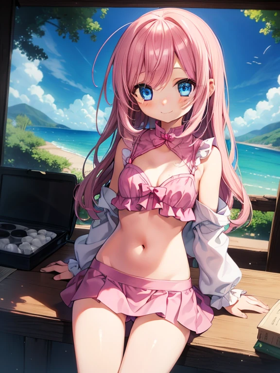 Beautiful illustration, Best Quality, (6  female child)、cutit girl,Lor(Superb view), Sitting, fantasy landscape, bra, no sleeves, small breasts, cleavage, navel, pink mini skirt、Thighs visible through the gap in skirt、Crotch gap、Thigh gap、V Line、Beautiful blue eyes, frombelow, Cinematic lighting, Cowboy Shot, Euphoric smile,(length hair)、