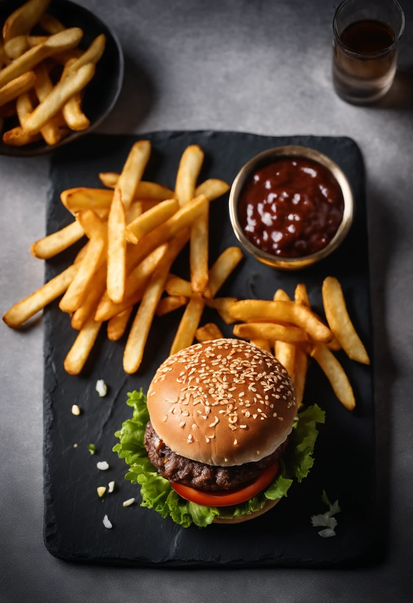 An aesthetic photo of a hamburger served on a trendy black slate plate with a side of golden crispy fries, showcasing the burger’s modern and stylish presentation
