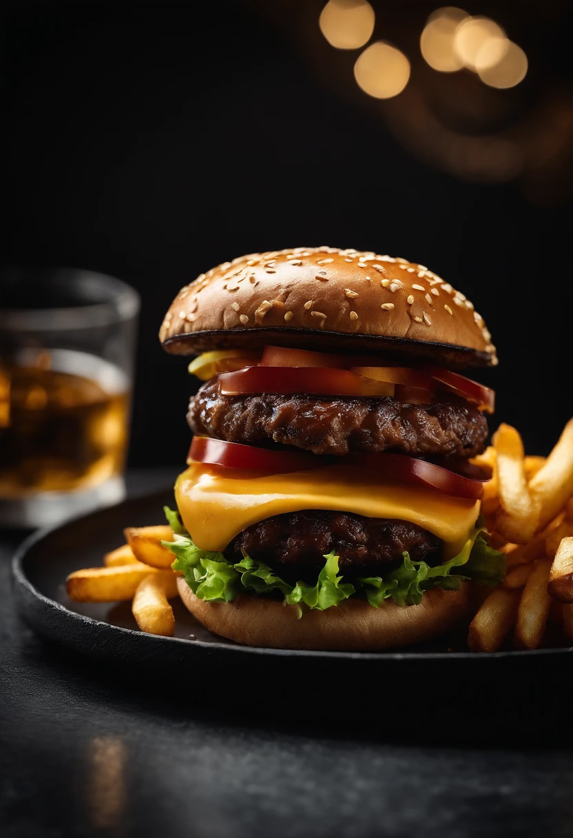An aesthetic photo of a hamburger served on a trendy black slate plate with a side of golden crispy fries, showcasing the burger’s modern and stylish presentation