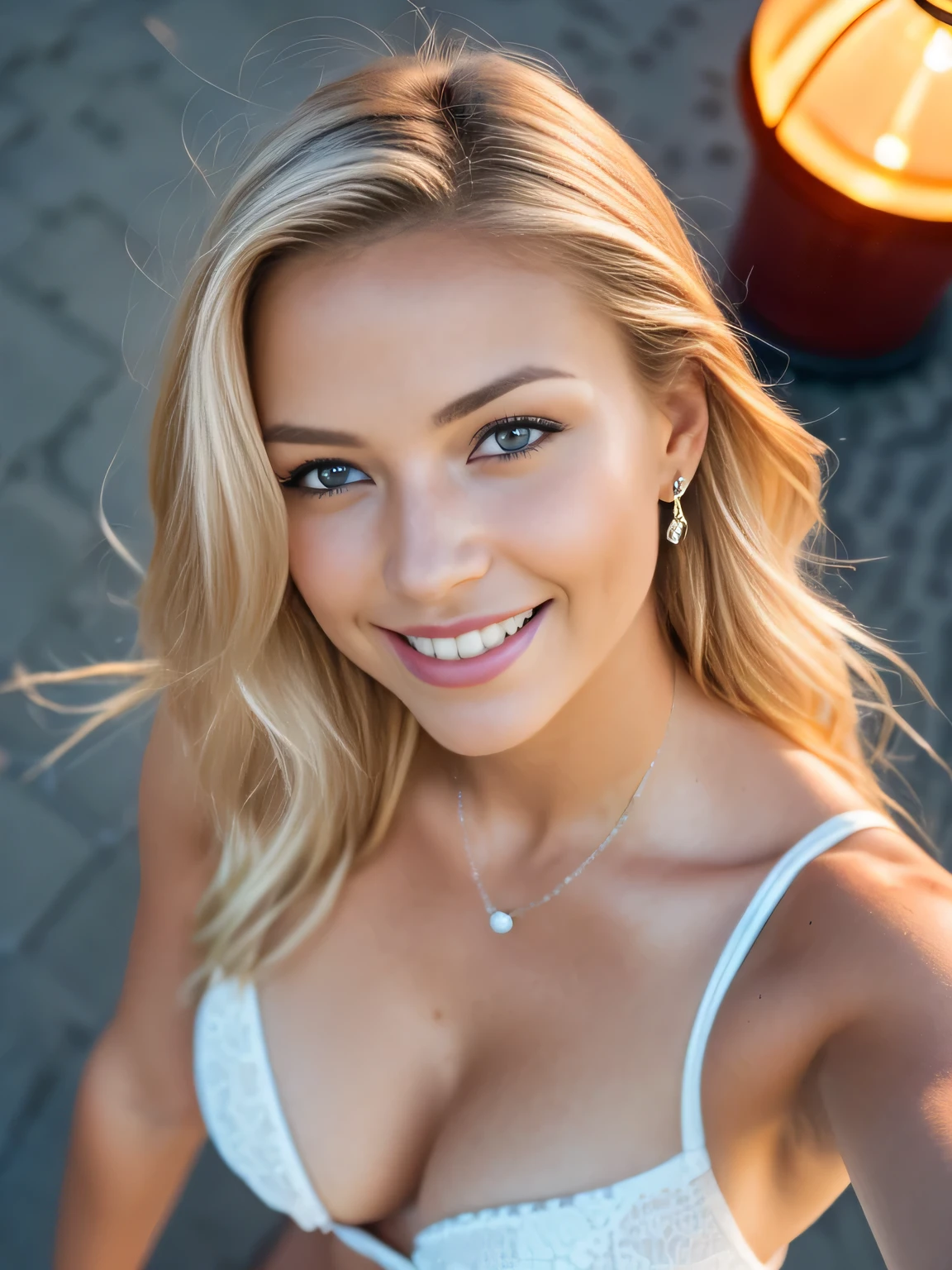 (selfie shot, from above:1.4), (half body postrait:1.4), RAW uhd portrait photo of a 24-year-old blonde smile full body posed in bikini walking down a beach, natural breast, golden hour, (red sundress), (cleavage), detailed (textures!, hair!, shine, color!!, imperfections:1.1), highly detailed glossy eyes, (looking at the camera), specular lighting, dslr, ultra quality, sharp focus, tack sharp, dof, film grain, (centered), Fujifilm XT3, crystal clear, center of frame, cute face, sharp focus, street lamp, neon lights, bokeh, (dimly lit), low key, at night, (night sky) detailed skin pores, oiled skin, tan, intricate eye detail