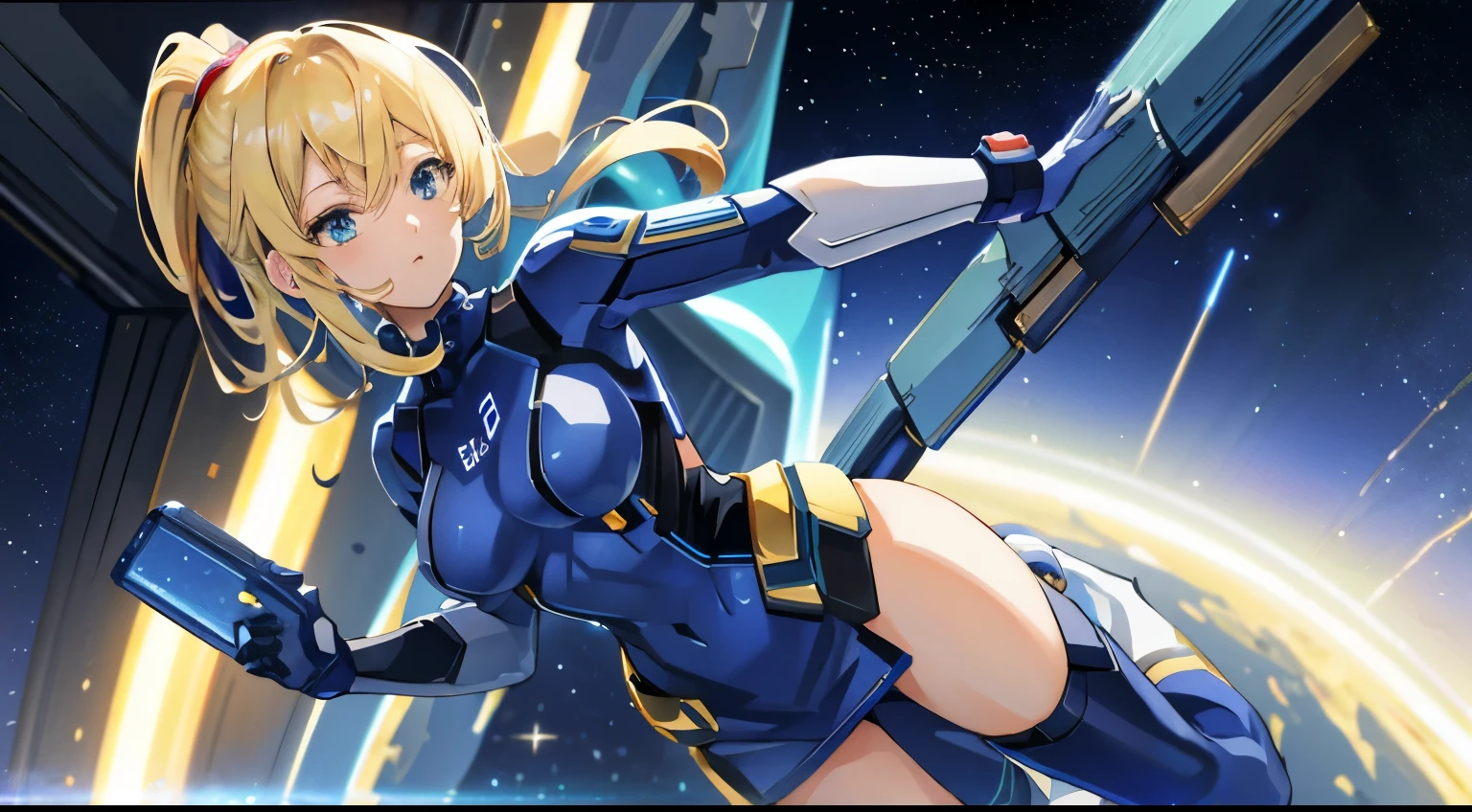 blonde anime woman in shiny midnight blue short dress, samus aran like, in a space station, earth visible at background (realy close) a few rounded space stations visible too, anime style, sen no kiseki style, digital art, 8k