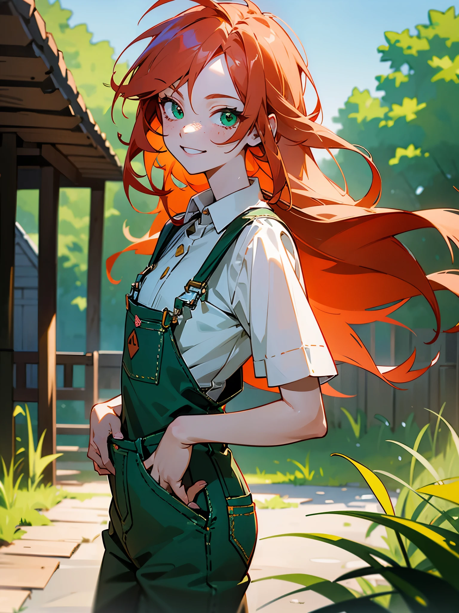 (Hyperdetailed, masterpiece, best quality:1. 1), 1 girl, small chest, light red hair, pointy hair, spike hair, messy hair, very long hair, green eyes, freckles, pale skin, red scratches on hands, Band-Aids on hands, Cheerful expression, cheeky smile, Squinting look, white shirt, short-sleeve shirt under strappy overalls, dark green strappy overalls, boots, countryside, village, wooden house in the background, sunny day, bright light, portrait, clean detailed anime art, detailed anime artwork