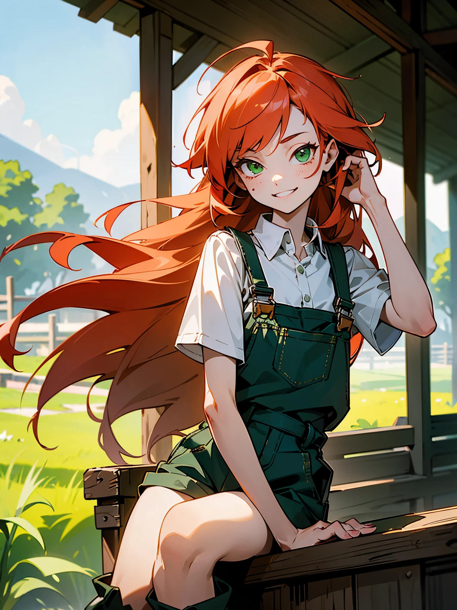 (Hyperdetailed, masterpiece, best quality:1. 1), 1 girl, small chest, light red hair, pointy hair, spike hair, messy hair, very long hair, green eyes, freckles, pale skin, red scratches on hands, Band-Aids on hands, Cheerful expression, cheeky smile, Squinting look, white shirt, short-sleeve shirt under strappy overalls, dark green strappy overalls, boots, countryside, village, wooden house in the background, sunny day, bright light, portrait, clean detailed anime art, detailed anime artwork