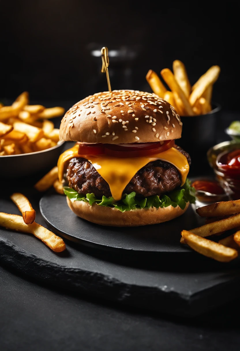 An aesthetic photo of a hamburger served on a trendy black slate plate with a side of golden crispy fries, showcasing the burger’s modern and stylish presentation