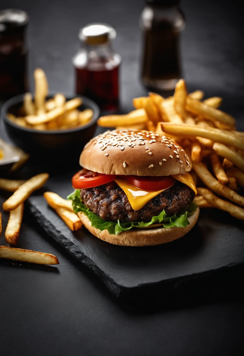 An aesthetic photo of a hamburger served on a trendy black slate plate with a side of golden crispy fries, showcasing the burger’s modern and stylish presentation