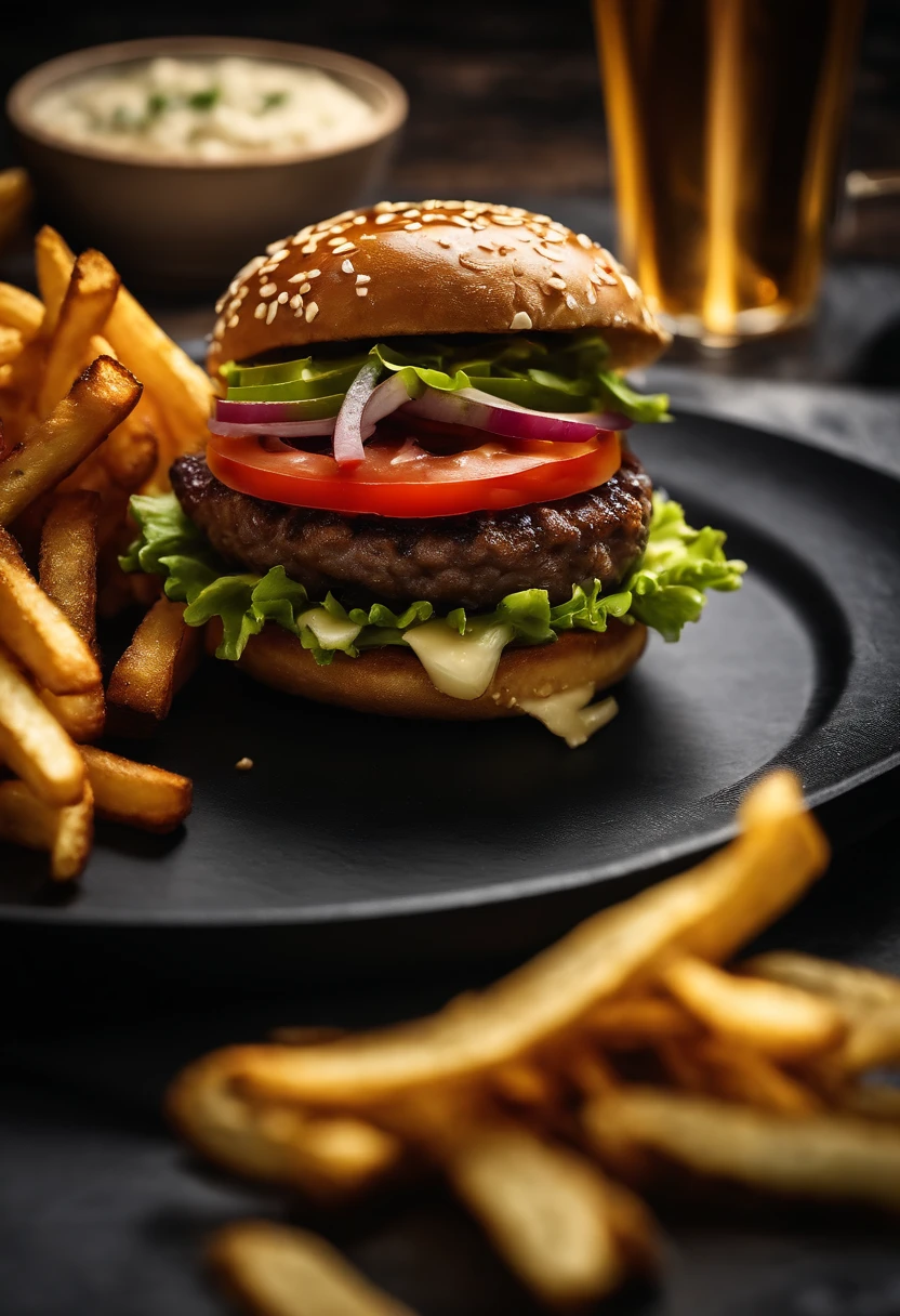 An aesthetic photo of a hamburger served on a trendy black slate plate with a side of golden crispy fries, showcasing the burger’s modern and stylish presentation