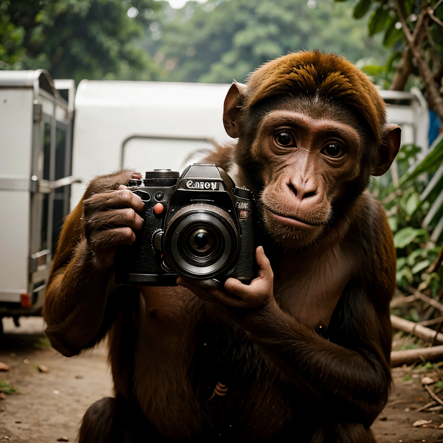 a monkey holds a professional camera as he takes photos of other animals Behind him