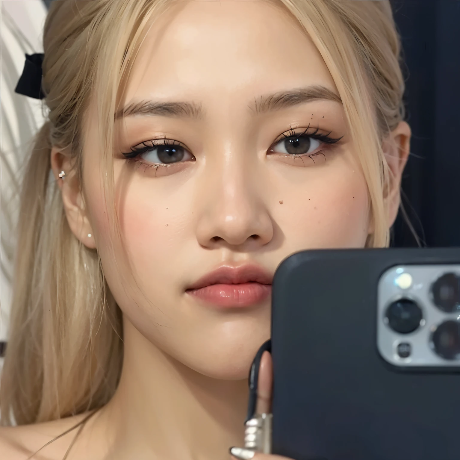 A closeup of a woman holding a cell phone in her hand, Parque Roseanne do Blackpink, ela tem um rosto bonito, ela tem um rosto expressivo bonito, jossi do blackpink, wan adorable korean face, Amuando, Fotografia selfie 8k, Lalisa Manobal, Jimin\'s right eyelid swollen, Lalisa Manoban do Blackpink