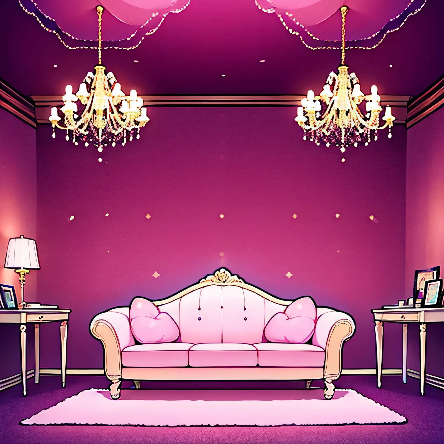 a room cute little sofas chandeliers carpet Background with pink there