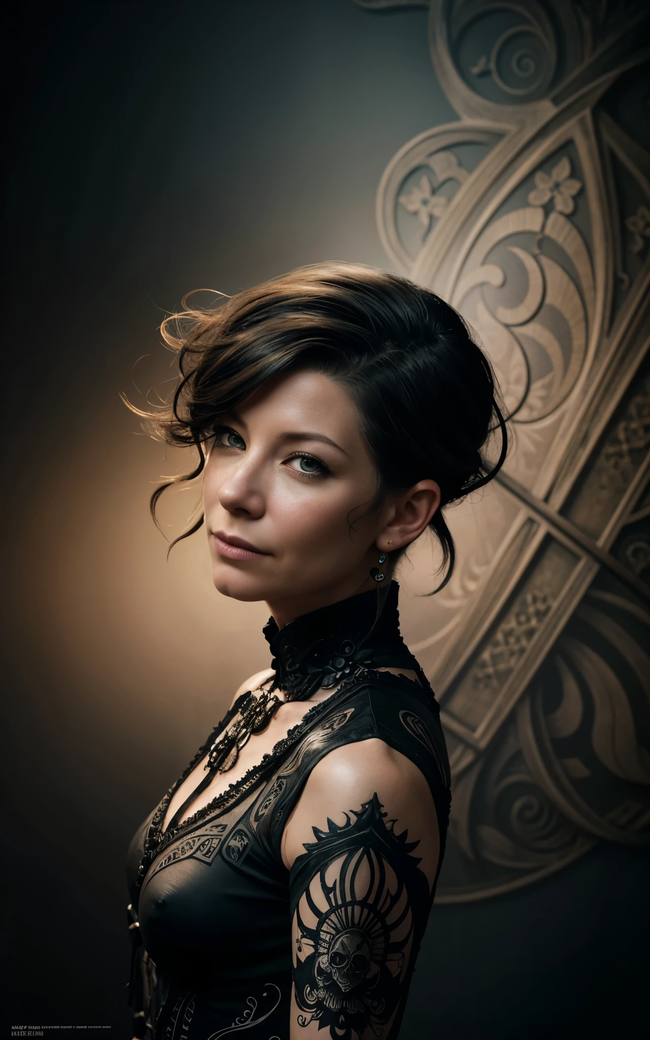 (Evangeline Lilly) is a beautiful charming woman carved out of dark smoke, dressed as a Steampunk girl in black, circular colored smoke, waves of shadows at night, abstract skull ornaments, pixie back fade haircut, soft colors, flat 4d street art in the style of adrian ghenie, esao andrews, jenny saville , edward hopper, surrealism, james jean dark, takato yamamoto, inkpunk minimalism, , detailed symmetrical brown eyes with circular iris, seamless geometric pattern harmony, luminogram, iron gall ink, art by Russ Mills, Sakimichan,, by GIlSam -paio octane rendering depicting innovation and truth, 8k, by Lee Jeffries, depth - Gs studio