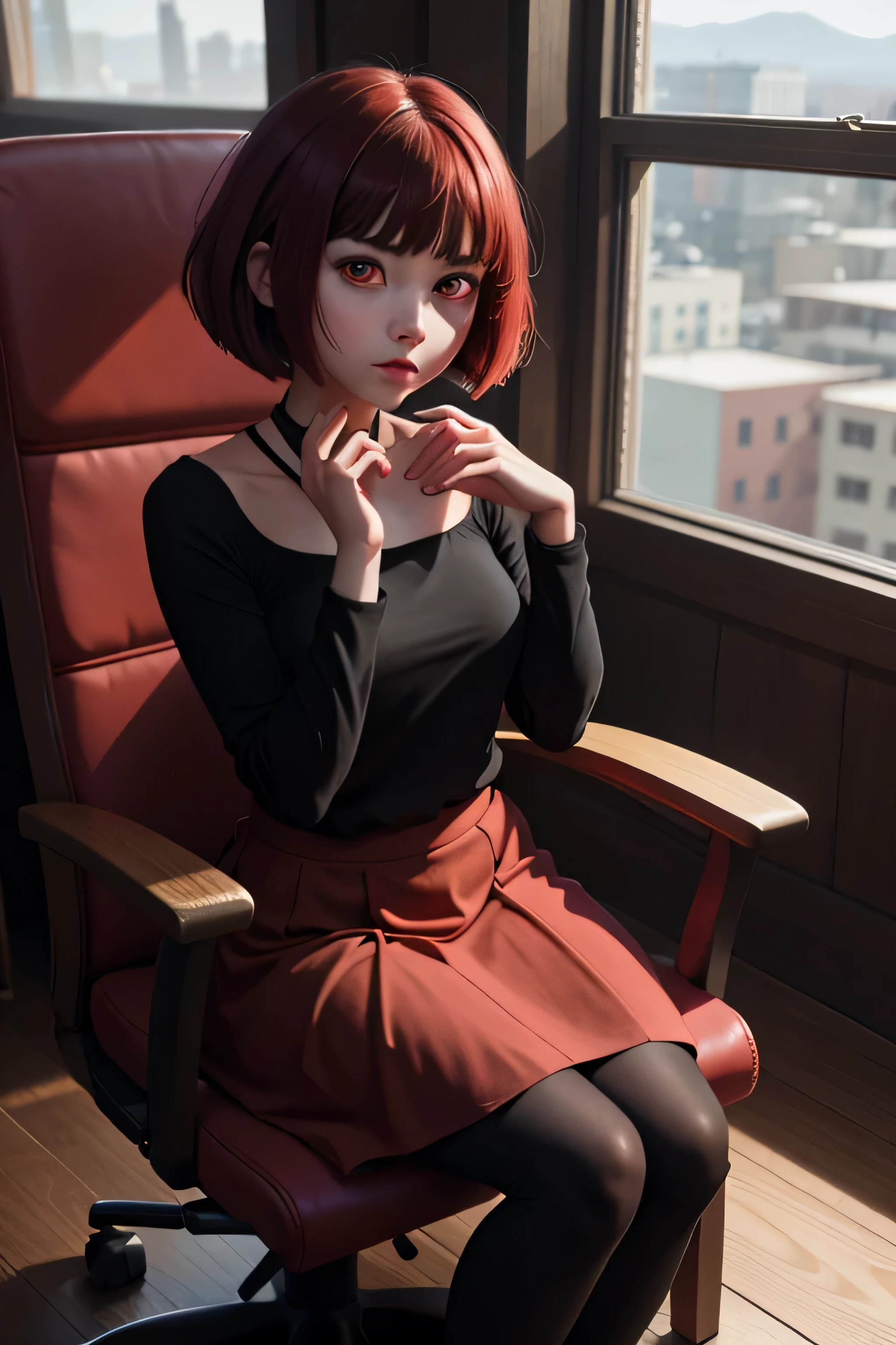 1girl, solo, onk_arima,(red eyes:1.2), sitting on a chair, crossed legs, aonfused, looking at viewer, (full body:1.1), 
(highly detailed hands eyes and face:1.2)