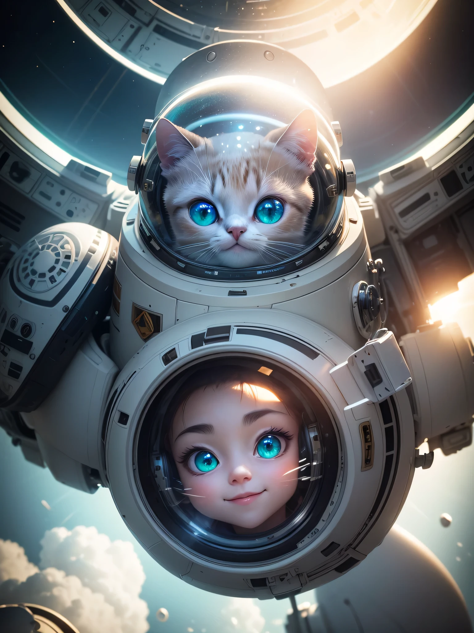 Photorealistic siamese cat, floating in zero gravity, smiling, detailed short white fur, detailed cat's face smiling at viewer, focus on glowing green cat eyes, dark nose, dark ears, cat wears bulky spacesuit with the detailed cat's head sticking out of the top, helmet is floating nearby, realistic NASA spacesuit and helmet, onboard space station, Earth outside, sunbeam shining in through round viewport, lens flare, floating globules of white slime, dramatic light, deep shadows
