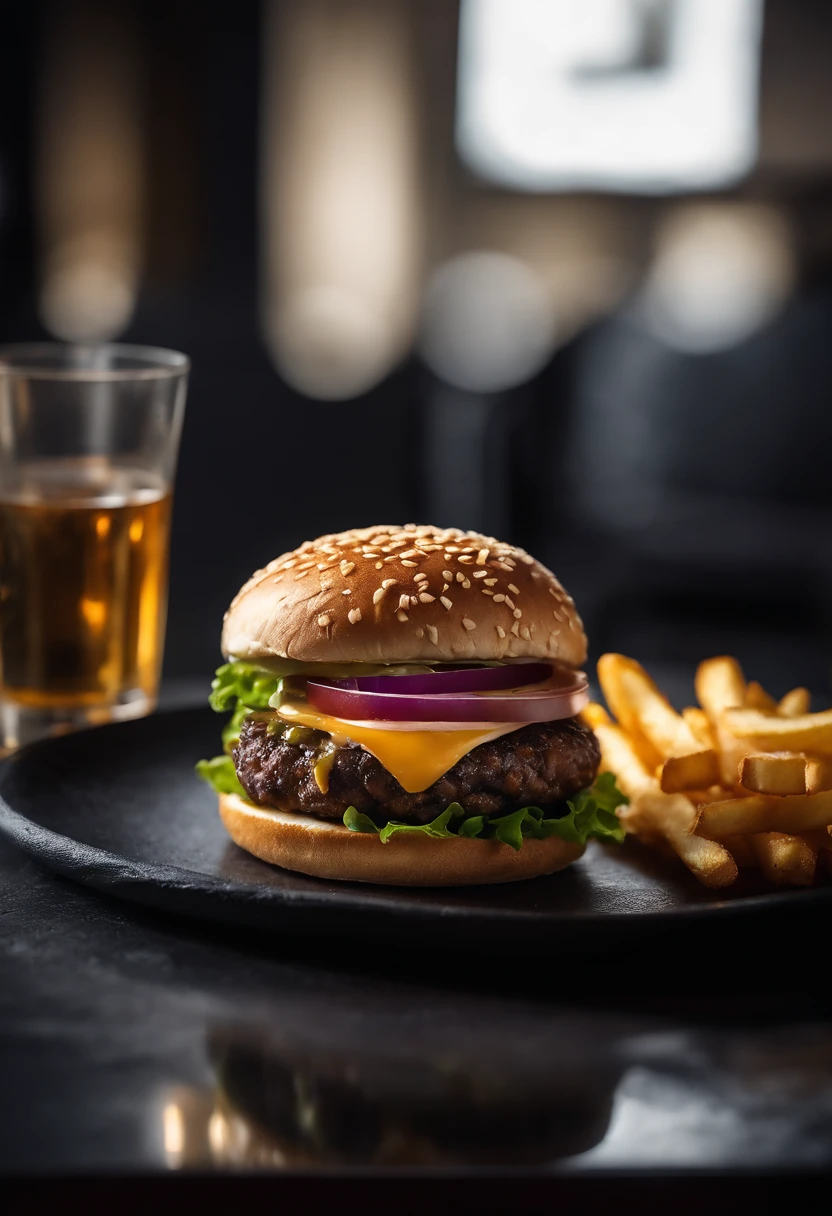 An aesthetic photo of a hamburger served on a trendy black slate plate with a side of golden crispy fries, showcasing the burger’s modern and stylish presentation