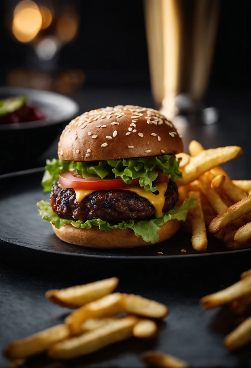 An aesthetic photo of a hamburger served on a trendy black slate plate with a side of golden crispy fries, showcasing the burger’s modern and stylish presentation