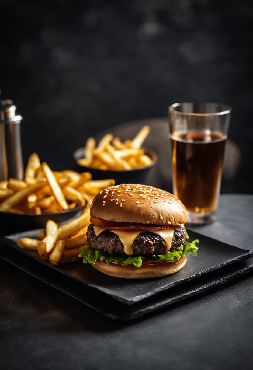 An aesthetic photo of a hamburger served on a trendy black slate plate with a side of golden crispy fries, showcasing the burger’s modern and stylish presentation